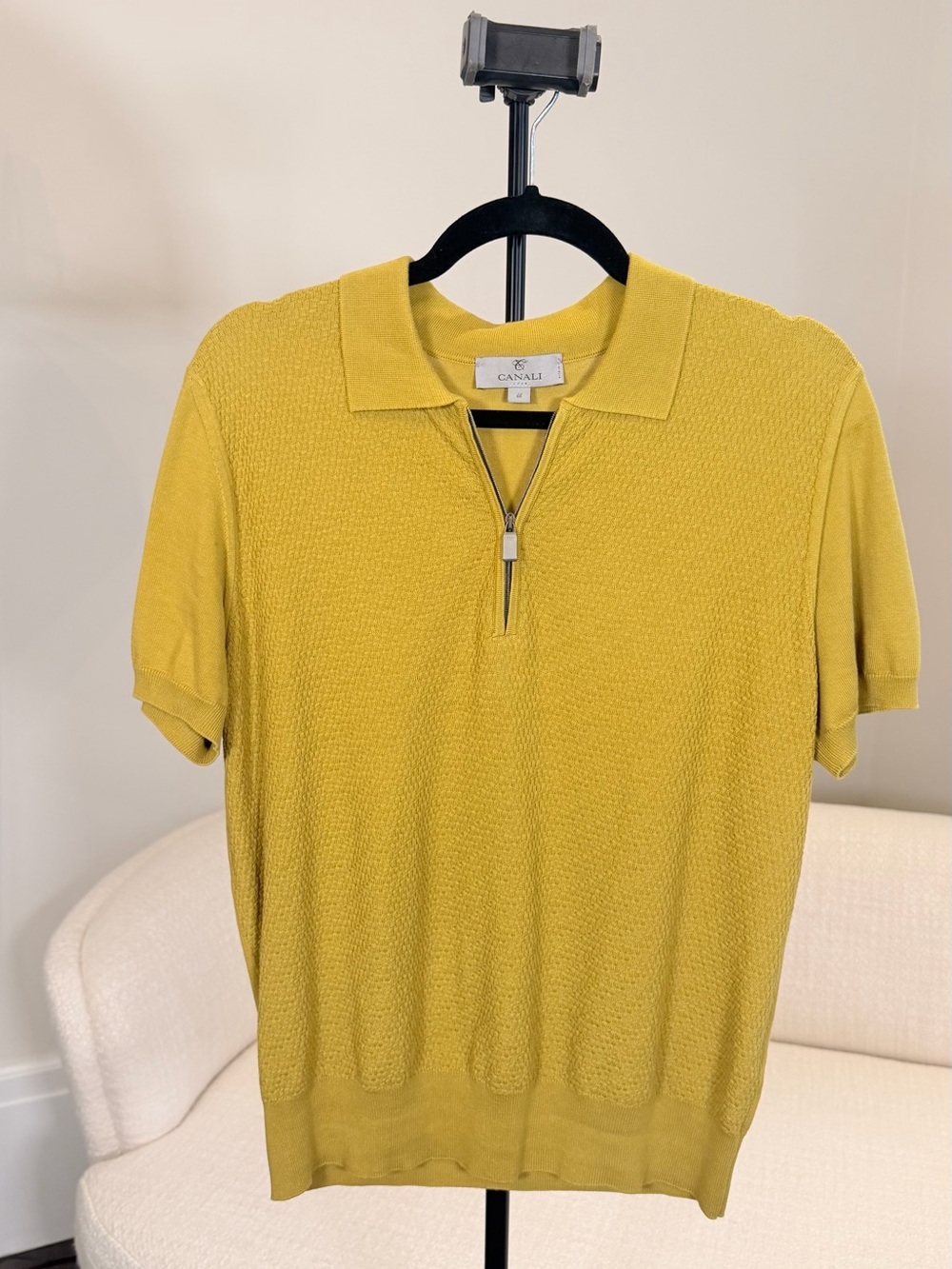 Authentic Canali 1934 Textured Knit Zip Polo Shirt – Yellow/Olive – small